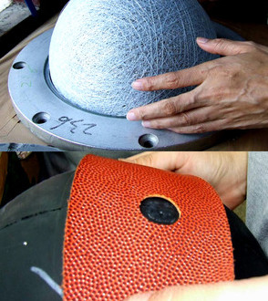making of a basketball 2 steps ball before the rubber is put on and the bottom picture is a black rubber ball getting it orange outer pieces put on standard equipment for basketball balls