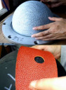making of a basketball 2 steps ball before the rubber is put on and the bottom picture is a black rubber ball getting it orange outer pieces put on standard equipment for basketball balls