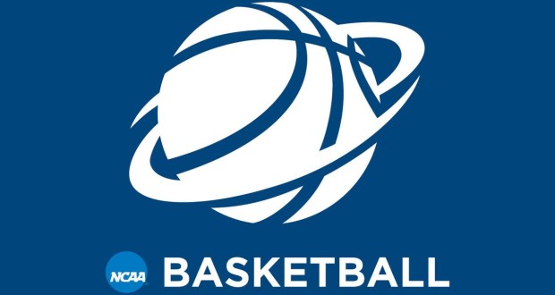 NCAA official logo for basketball navy blue background with a white stencil of a basketball standard logo