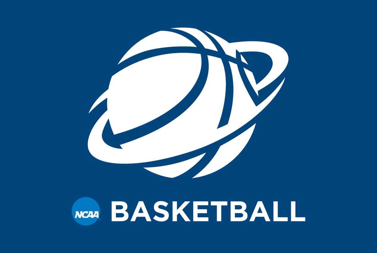 NCAA official logo for basketball navy blue background with a white stencil of a basketball standard logo