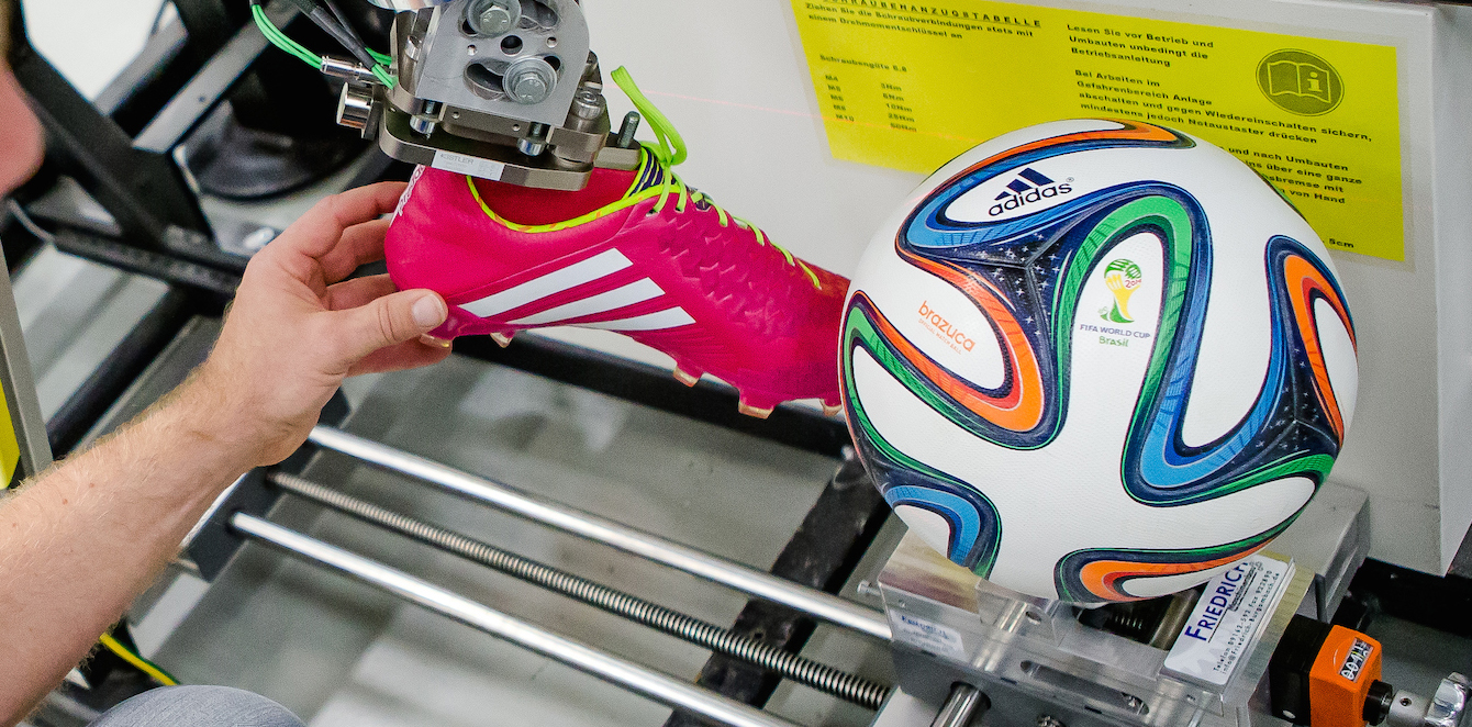 cleat being tested on 2014 FIFA soccer ball World cup standard football ball/soccer ball