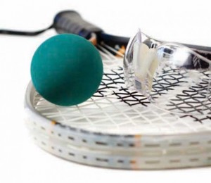 teal racquetball ball and protective eye wear laying on racquet basic equipment for racquetball rubber ball