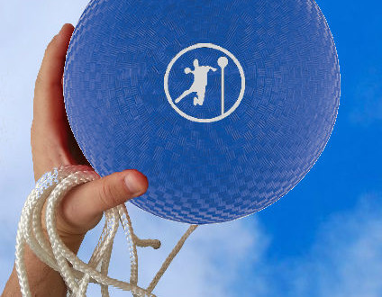 hand holding blue angle ball ball with angle ball logo in white on the side also holding a rope in same hand basic equipment for angle ball angle ball ball