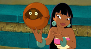 Road to El Dorado character Chel holding armadillo wrapped up as a ball DreamWorks film